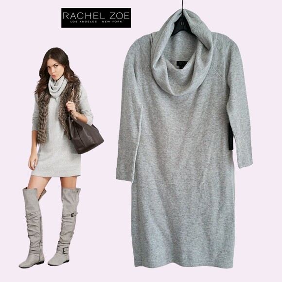 RACHEL ZOE NEW Minimalist Soft Merino Wool Cowl Neck Mini Sweater Dress M - Picture 1 of 12
